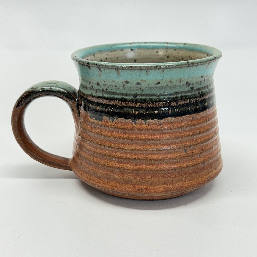 Handmade Studio Pottery Mug Turquoise Brown Drip Glaze Wheel Thrown Signed